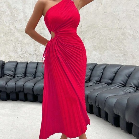 Pleated One Shoulder Cutout Asymmetrical Maxi Dress Pink - Picture 5 of 5